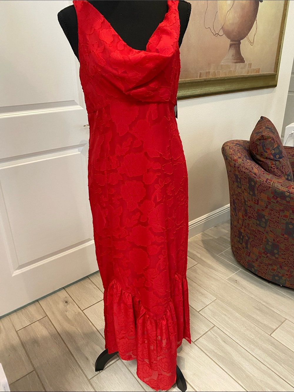Taylor Red Lace Cowl Neck Maxi Dress